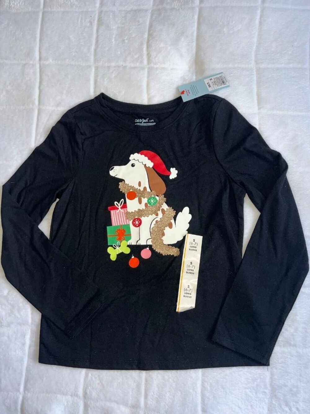 Cat & Jack girls long sleeve shirt top size S (6/7) black dog Christmas NEW